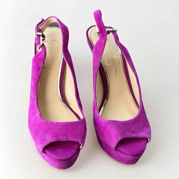 Jessica Simpson Fuchsia Platform Stilleto Heels Size 7 Suede Peep Toe - Picture 3 of 6